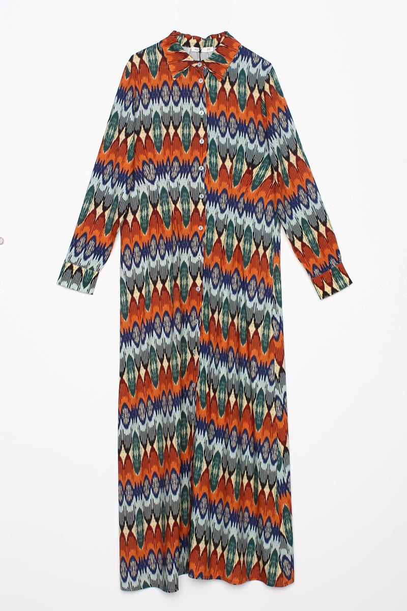 Orange-Sax-Dress Patterned Viscose Shirt Dress