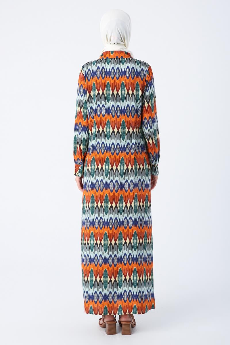 Orange-Sax-Dress Patterned Viscose Shirt Dress