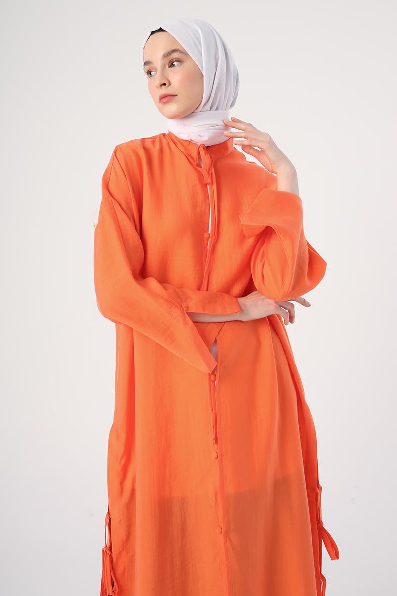 Turuncu-Yanları Yırtmaçlı Bağcıklı Tencel Kap