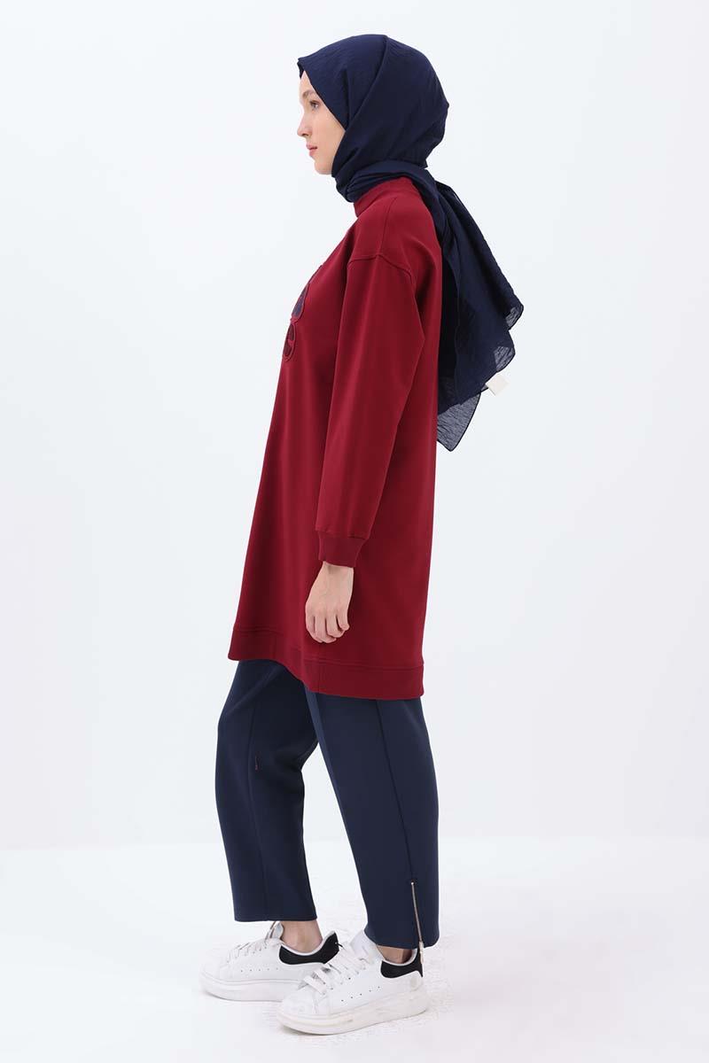 Vişne-APLİKE NAKIŞLI SWEAT TUNİK