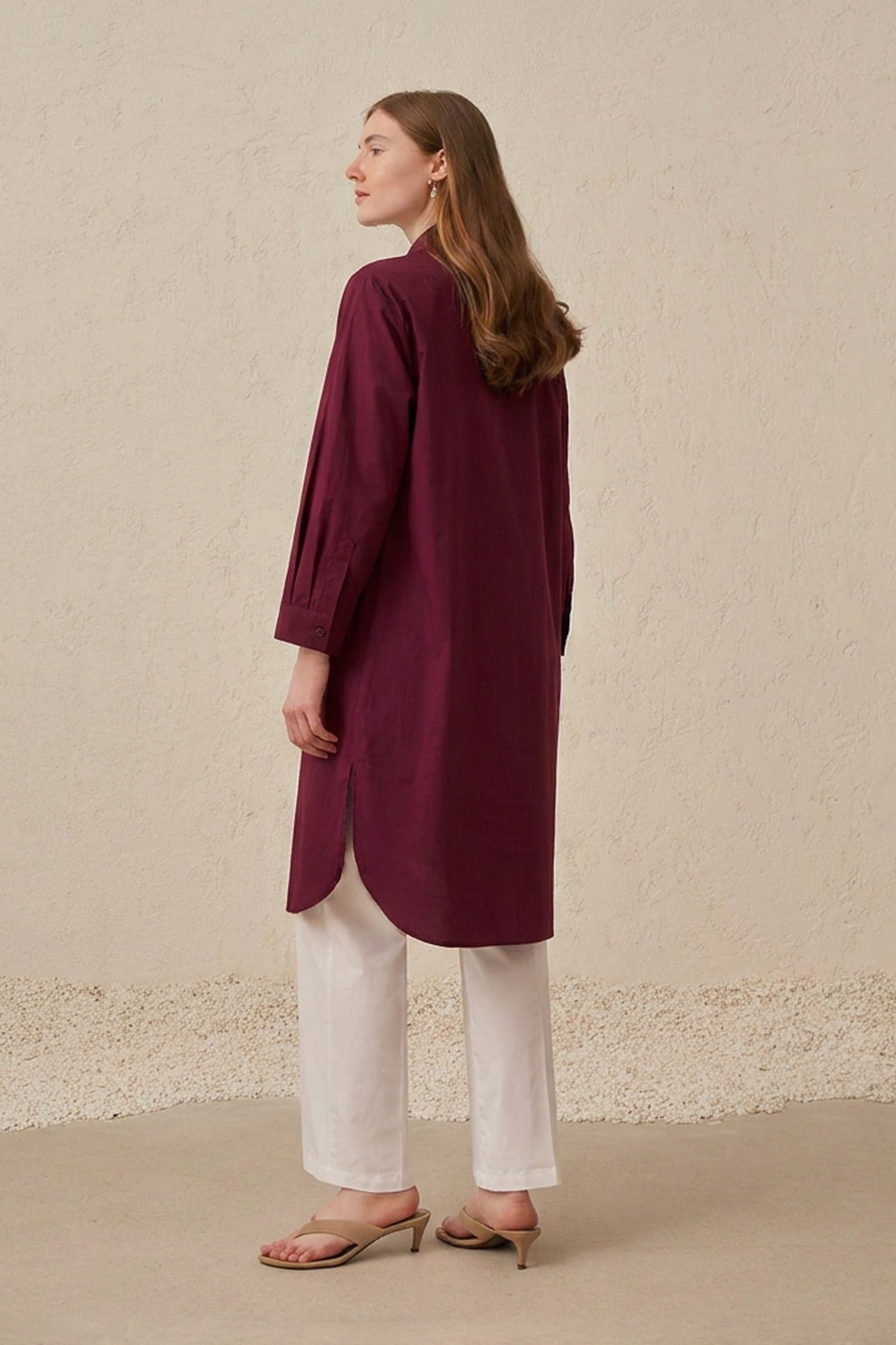 Vişne-Düğme Detaylı Poplin Tunik