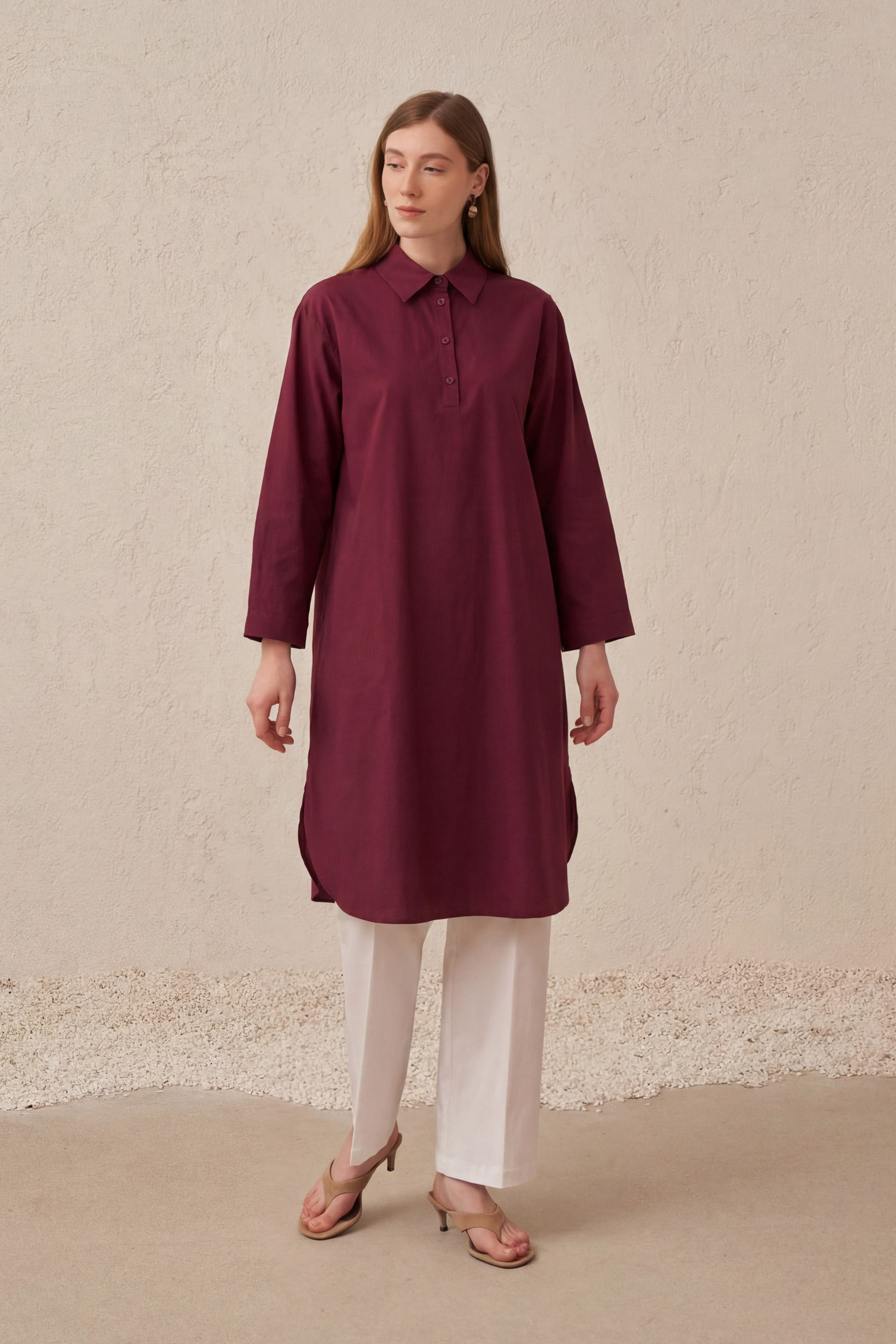 Vişne-Düğme Detaylı Poplin Tunik