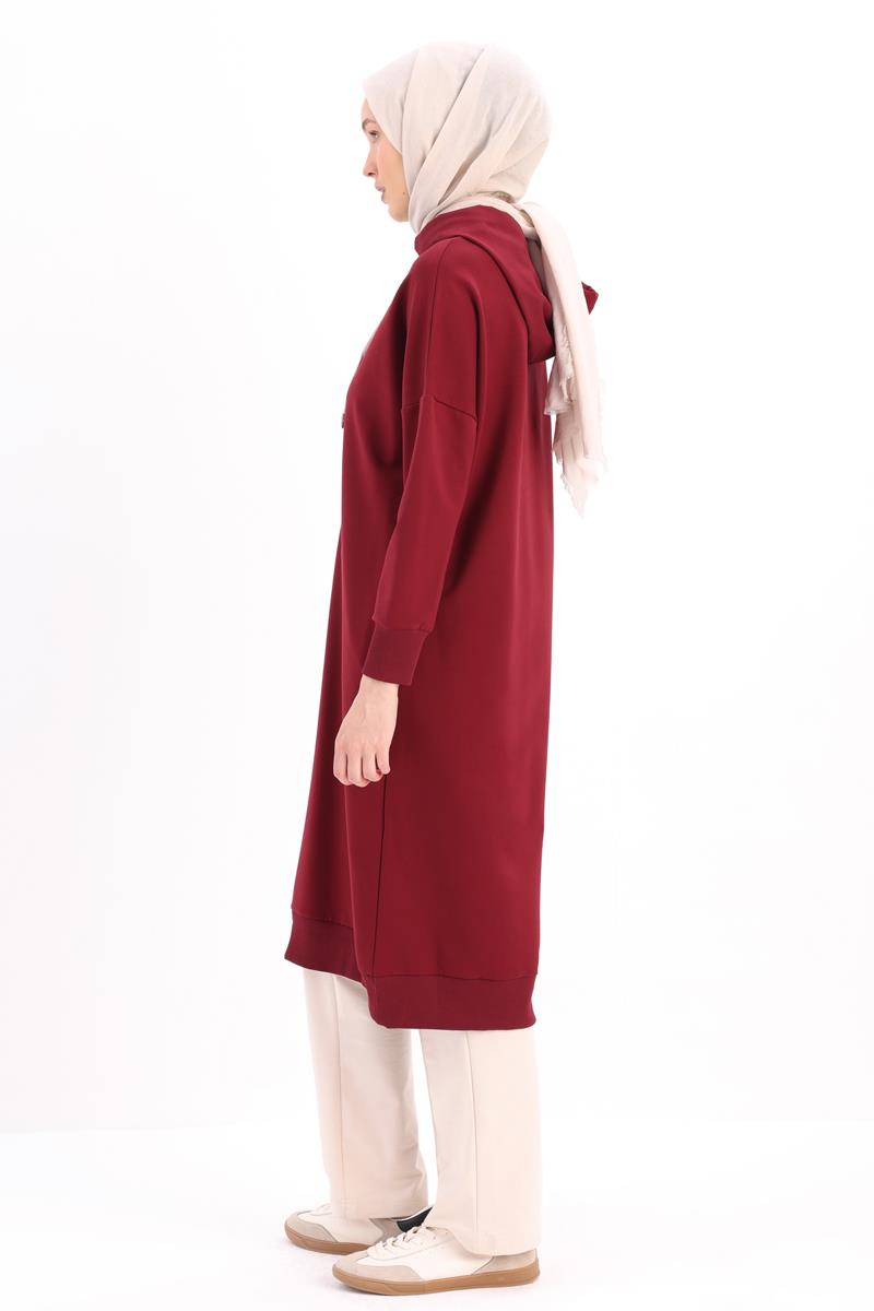 Vişne-Kuşgözlü Kapüşonlu Cepli Sweat Tunik