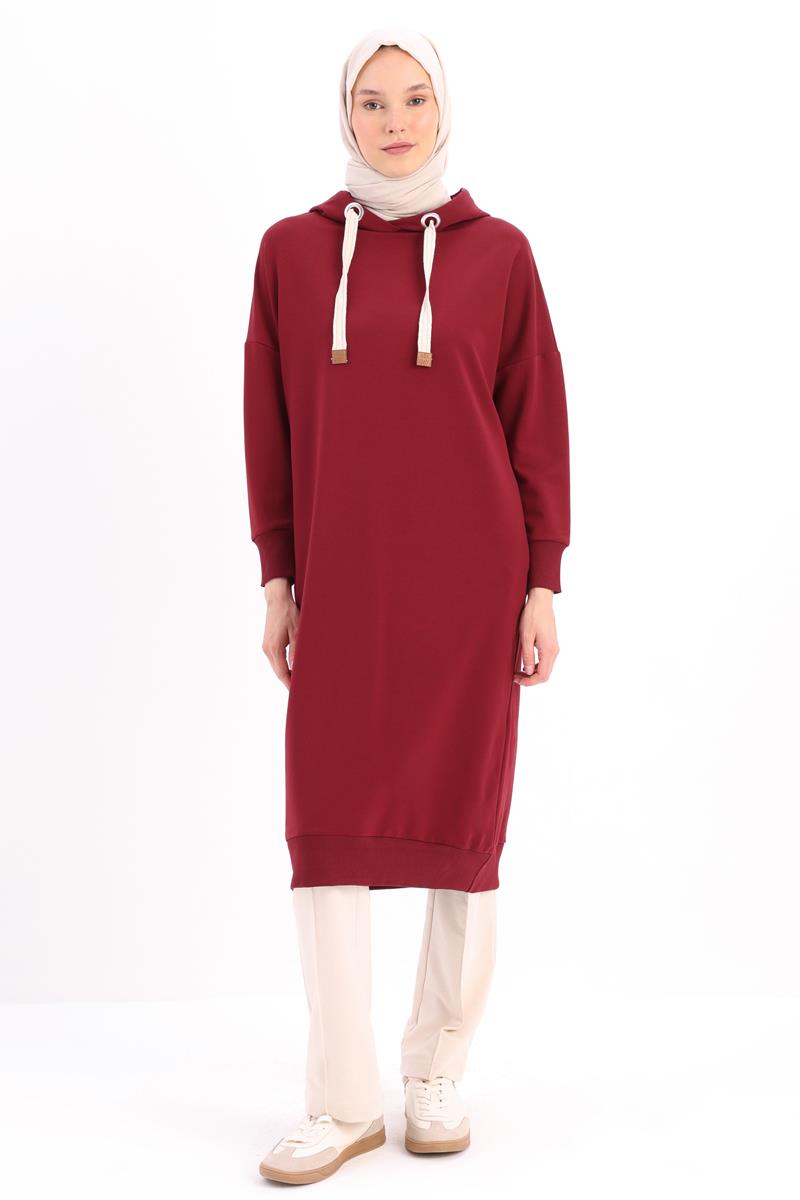 Vişne-Kuşgözlü Kapüşonlu Cepli Sweat Tunik
