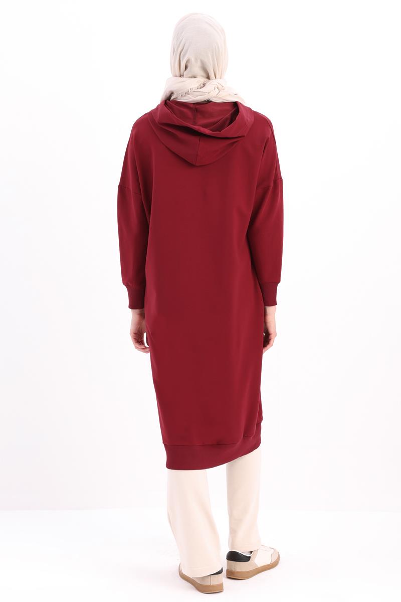 Vişne-Kuşgözlü Kapüşonlu Cepli Sweat Tunik
