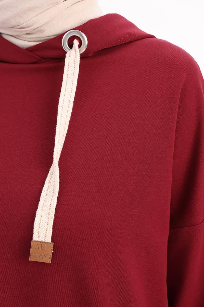 Vişne-Kuşgözlü Kapüşonlu Cepli Sweat Tunik