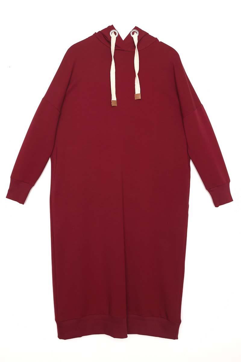 Vişne-Kuşgözlü Kapüşonlu Cepli Sweat Tunik
