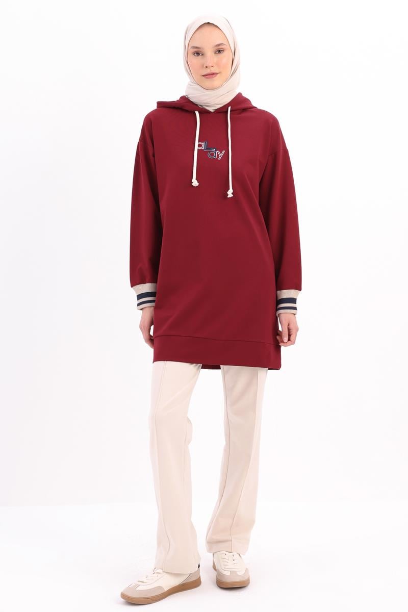 Vişne-NAKIŞLI MANŞETİ RİBANALI SWEAT TUNİK