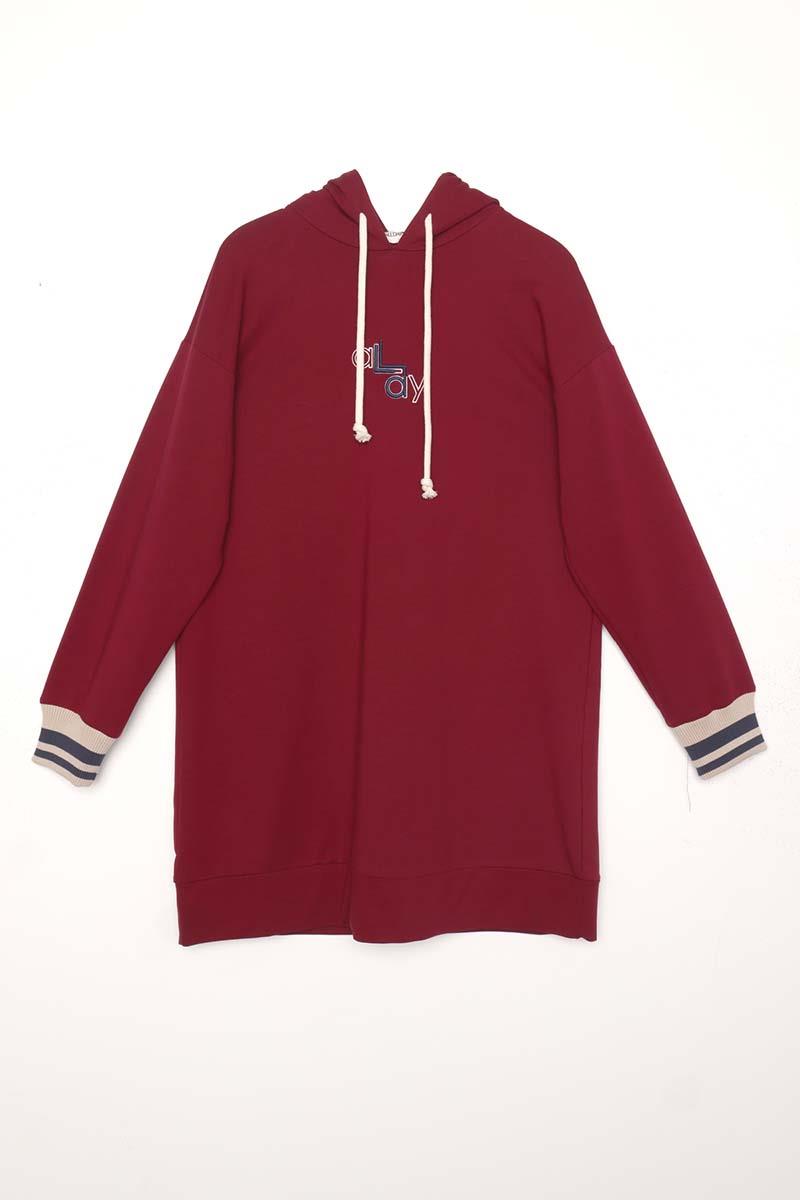 Vişne-NAKIŞLI MANŞETİ RİBANALI SWEAT TUNİK
