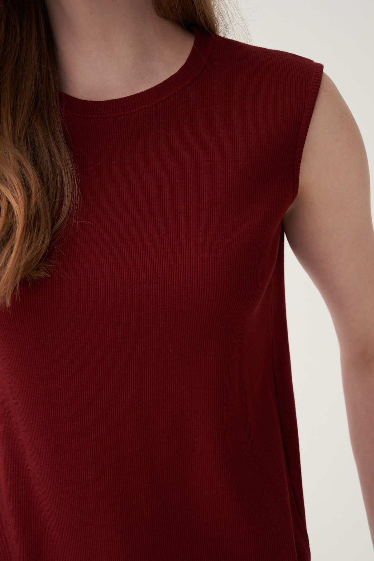 Vişne-Pamuklu Fitilli Kolsuz Likralı T-Shirt
