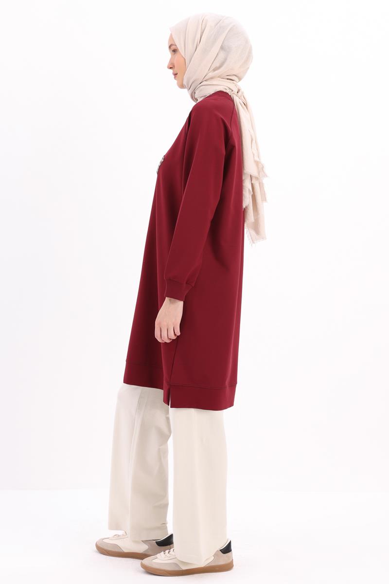 Vişne-Pretty Nakışlı Reglan Kol Sweat Tunik