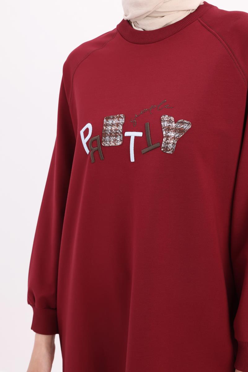 Vişne-Pretty Nakışlı Reglan Kol Sweat Tunik