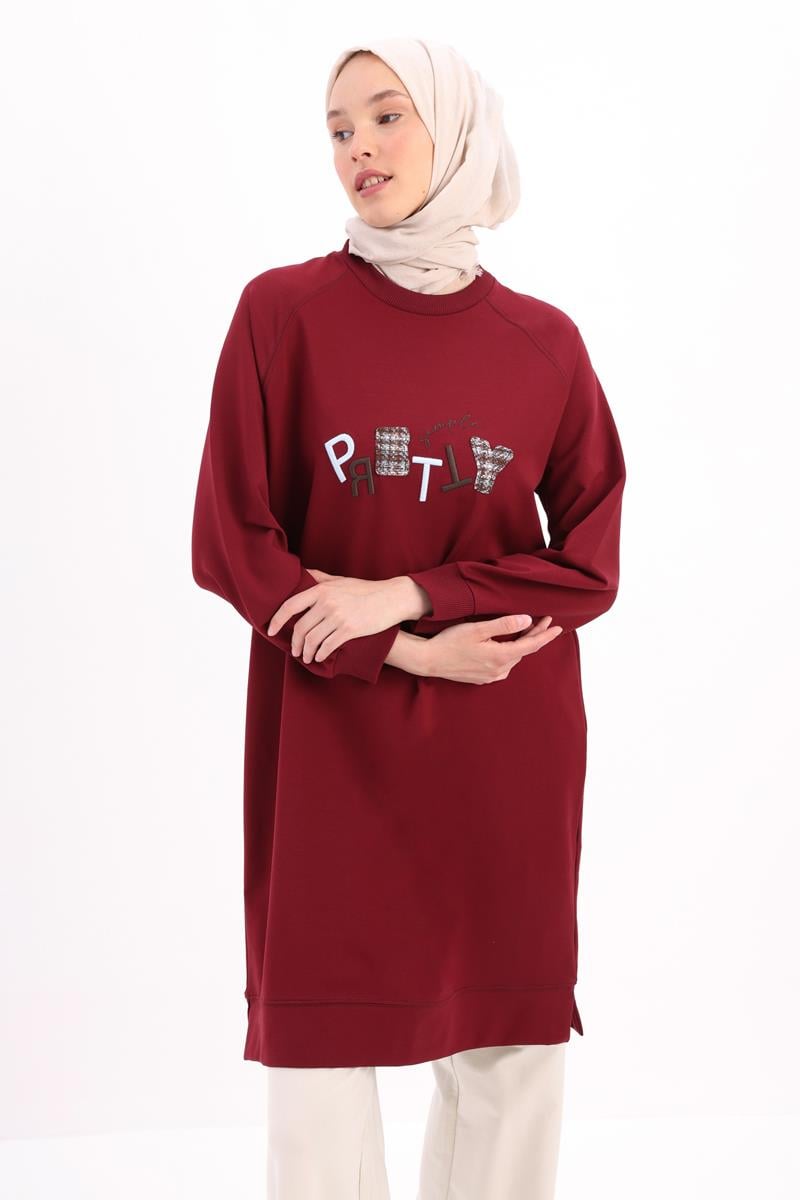Vişne-Pretty Nakışlı Reglan Kol Sweat Tunik