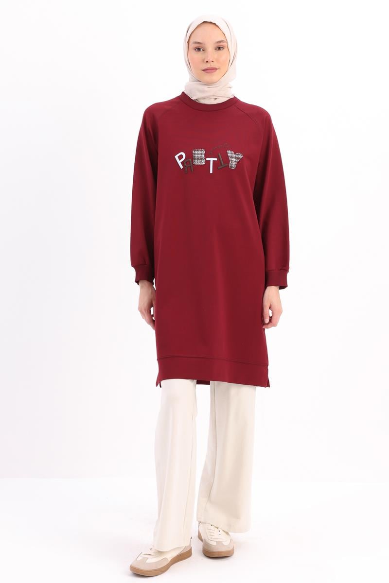 Vişne-Pretty Nakışlı Reglan Kol Sweat Tunik