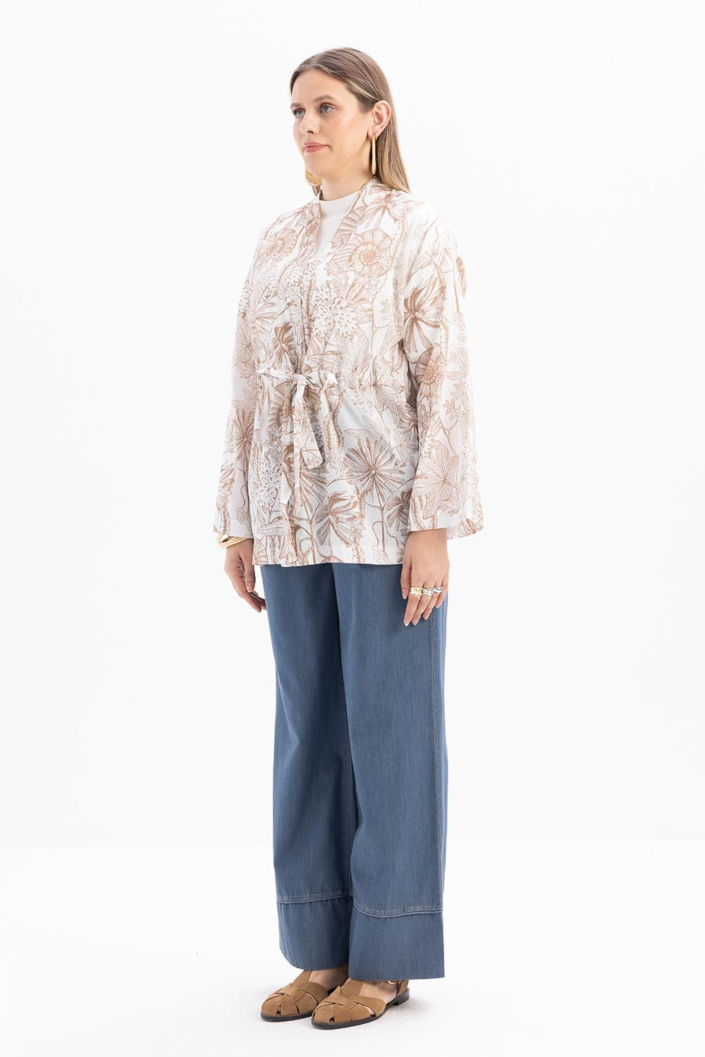 Vizon-Beyaz-Desenli Kuşaklı Kimono