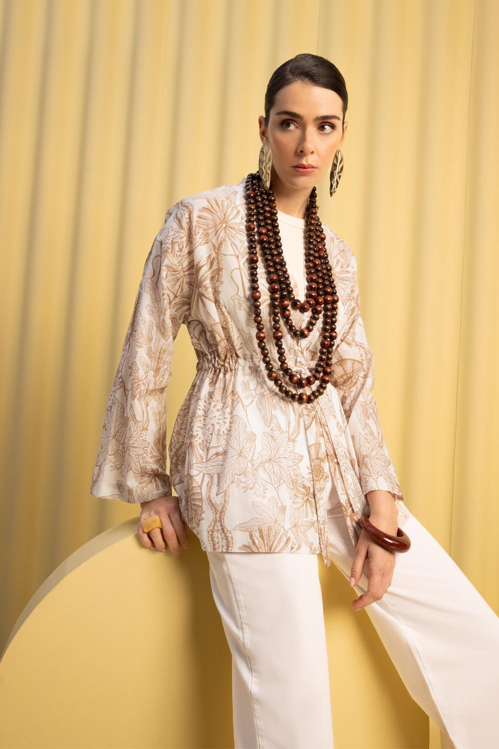 Vizon-Beyaz-Desenli Kuşaklı Kimono