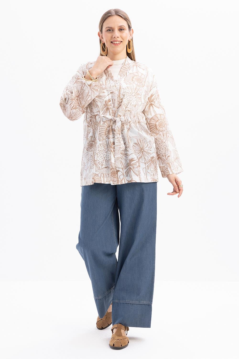 Vizon-Beyaz-Desenli Kuşaklı Kimono