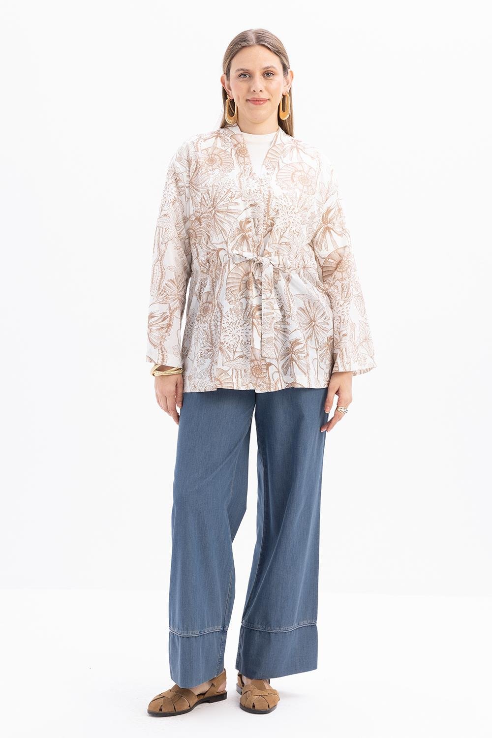 Vizon-Beyaz-Desenli Kuşaklı Kimono