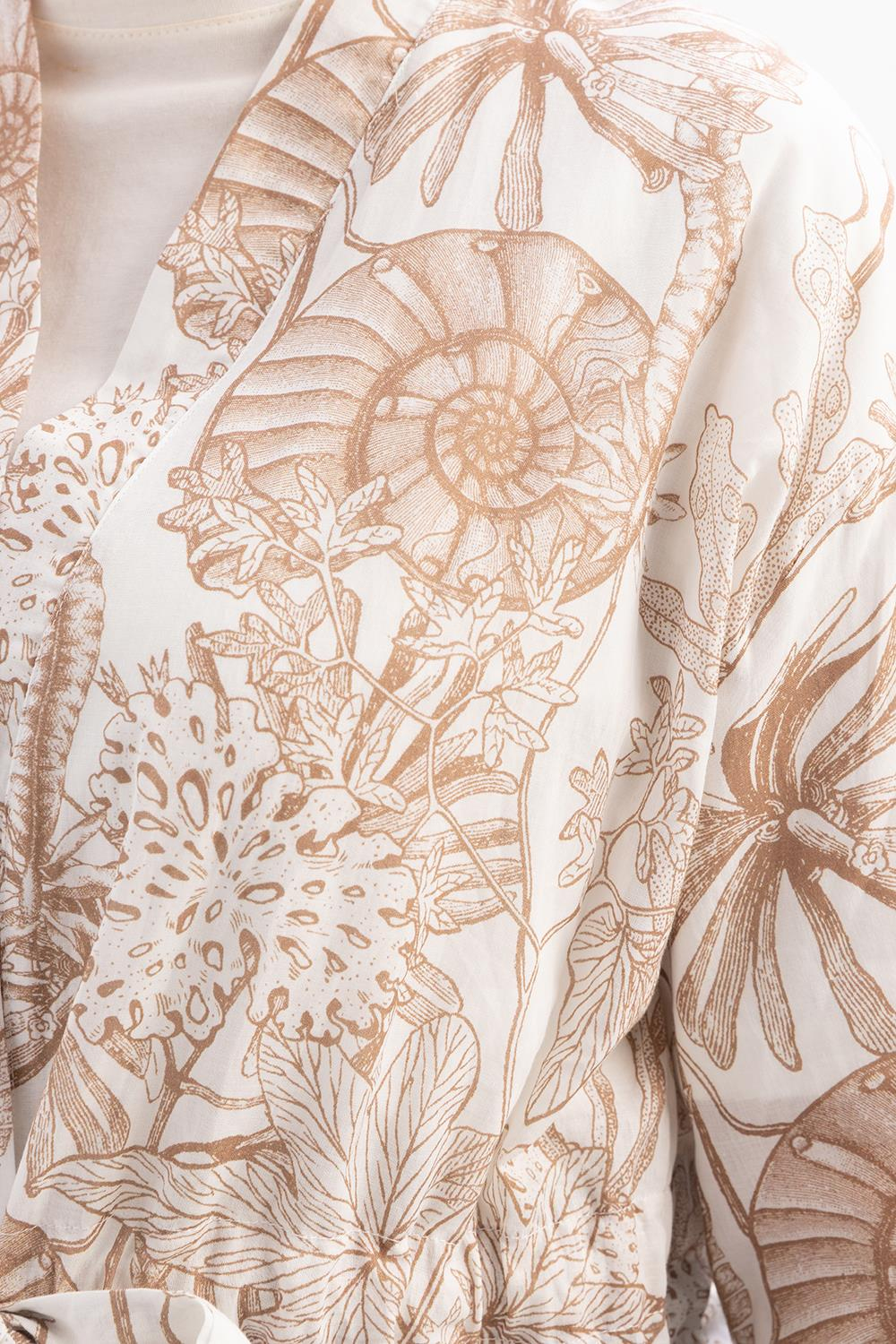 Vizon-Beyaz-Desenli Kuşaklı Kimono