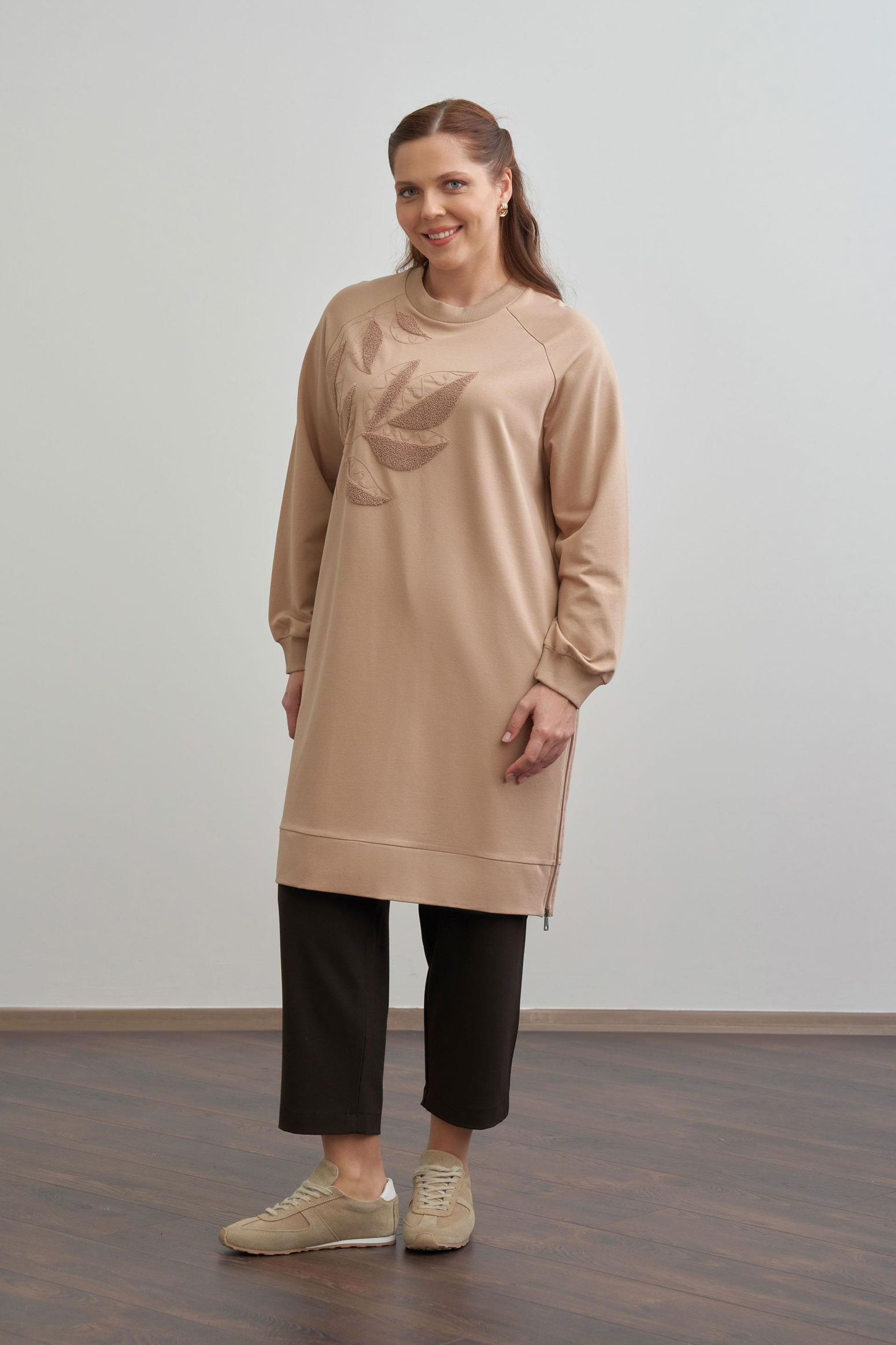 Vizon-Büyük Beden Pamuklu Yaprak Desenli Tunik