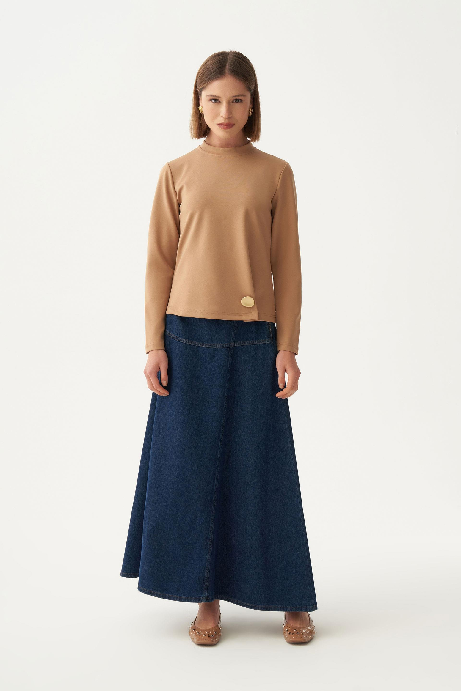 Vizon-Gold Düğmeli Pileli Şık Bluz