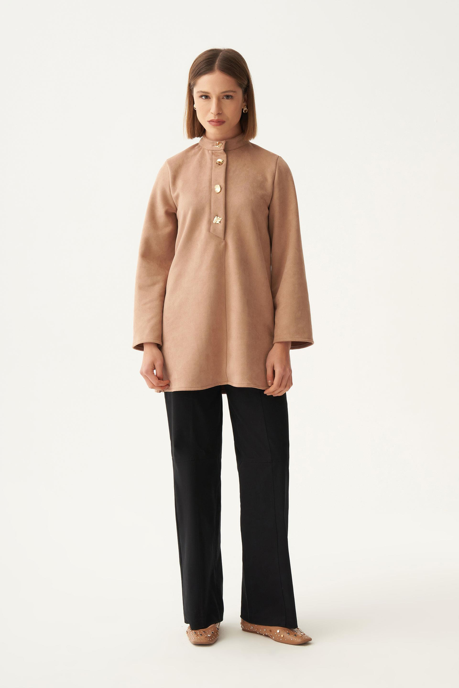 Vizon-Gold Düğmeli Süet Tunik