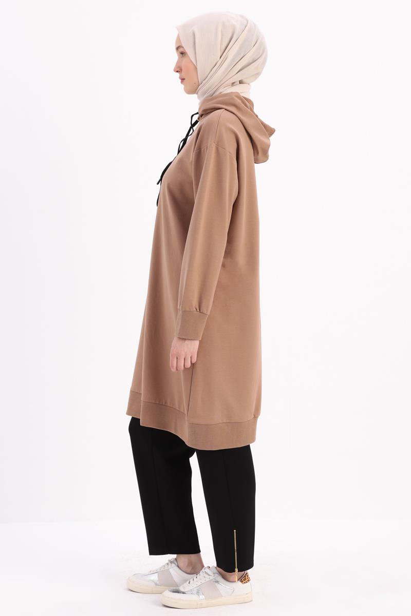 Vizon-Kapüşonlu Deri Aplikeli Sweat Tunik