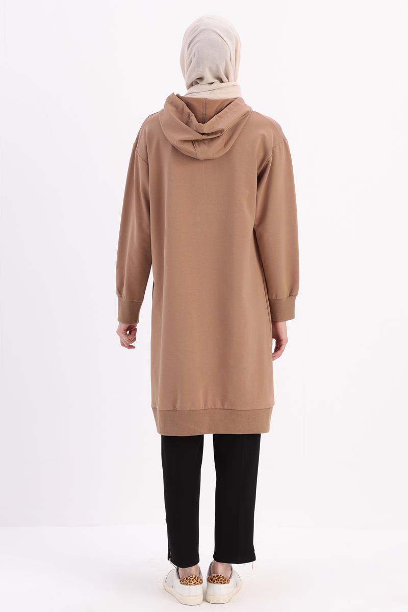 Vizon-Kapüşonlu Deri Aplikeli Sweat Tunik
