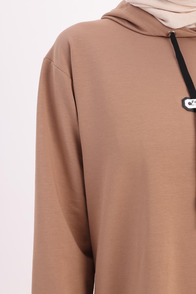 Vizon-Kapüşonlu Deri Aplikeli Sweat Tunik
