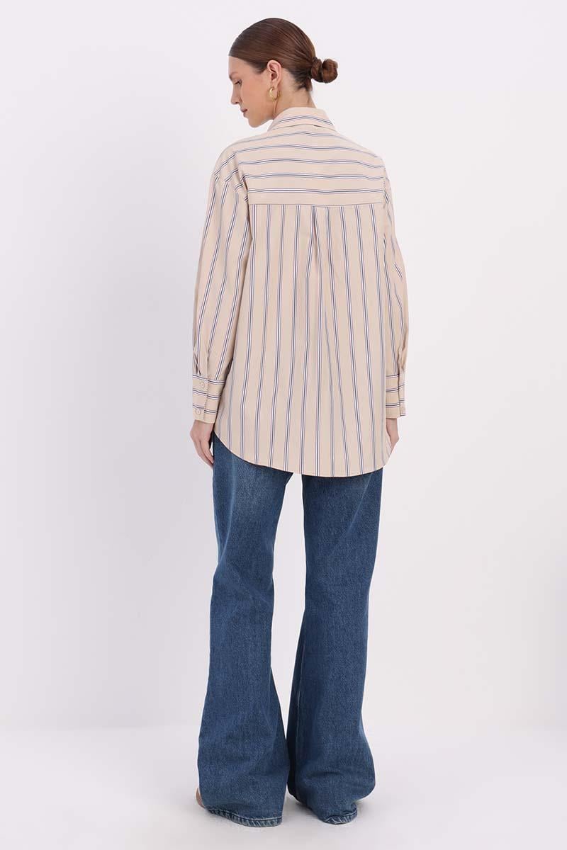 Mink-Navy Blue-Stripes MIXED GARNISH SHIRT TUNIC