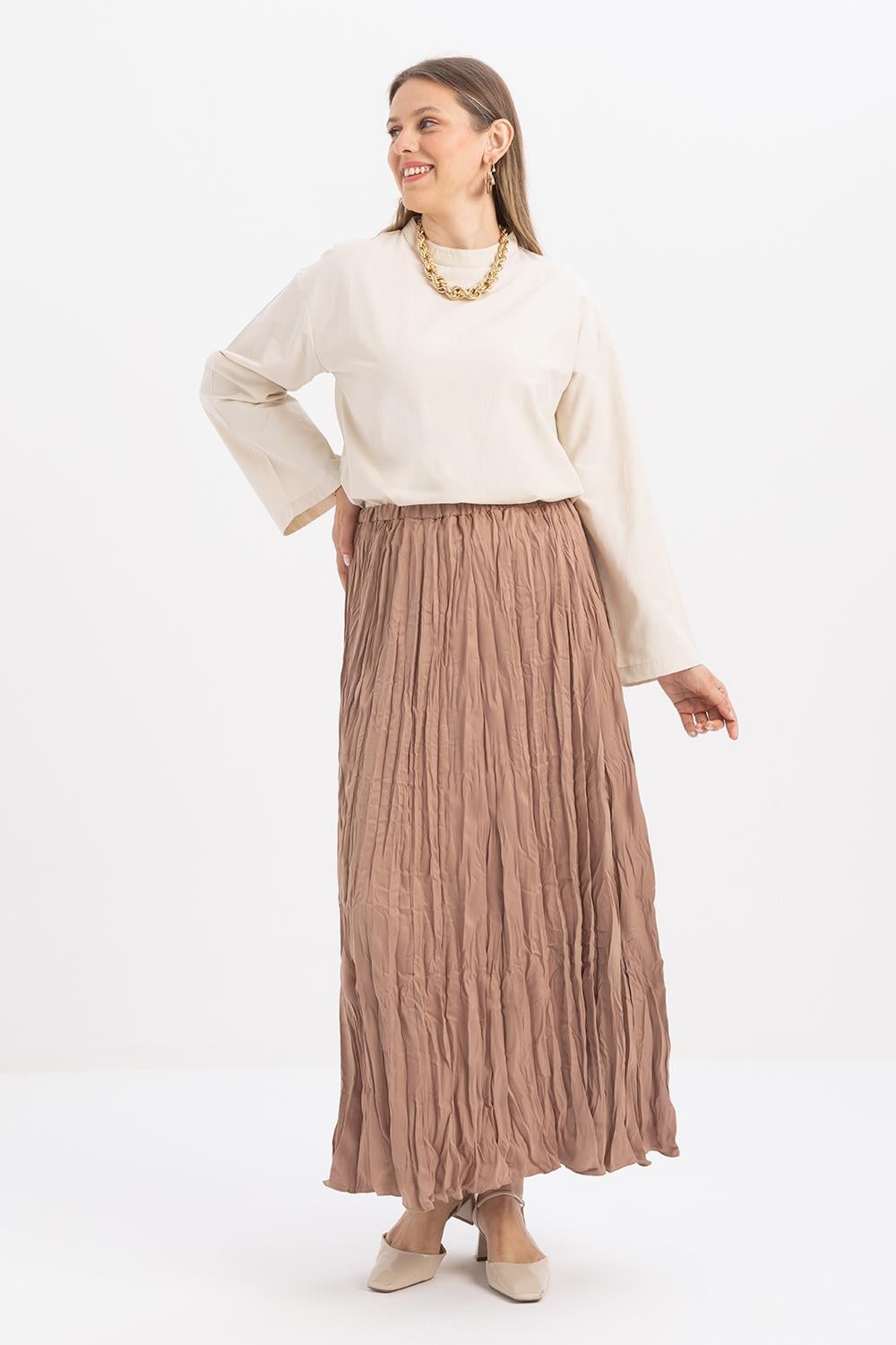 Beige-Elastic Waist Basic Skirt