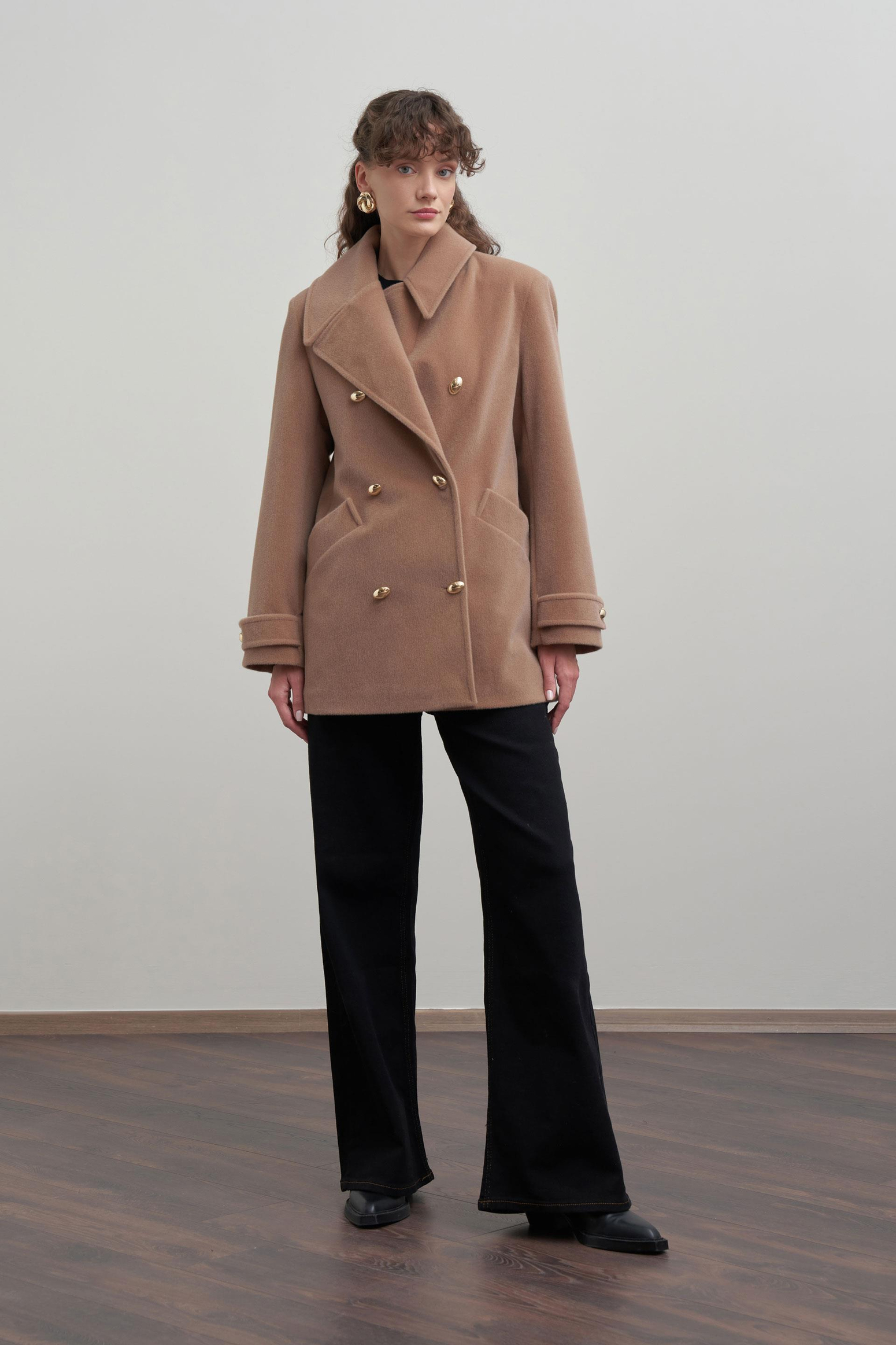 Vizon Melanj-Gold Dügmeli Kaşe Kaban