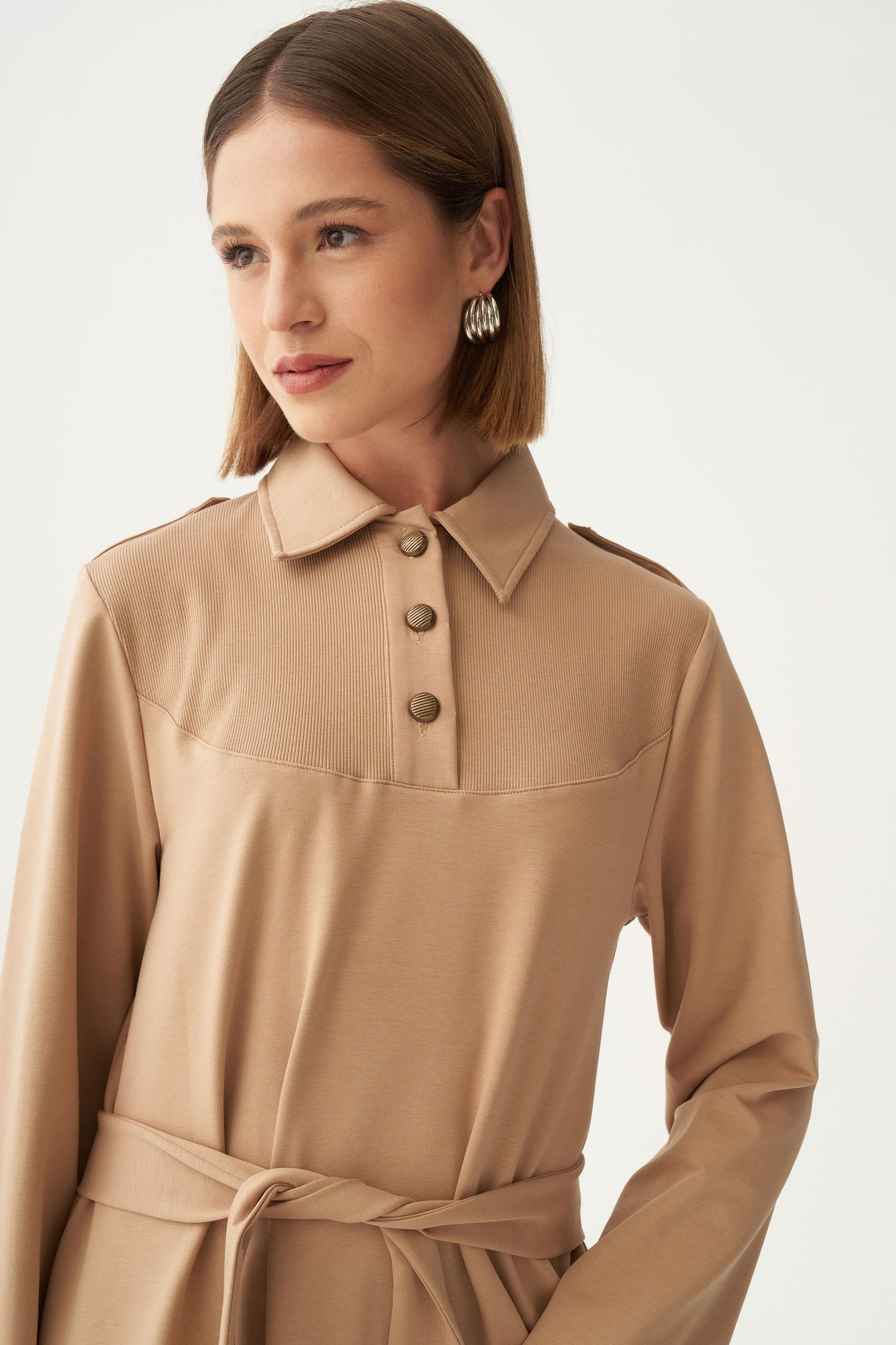 Vizon-Pamuklu Gömlek Yaka Apoletli Elbise