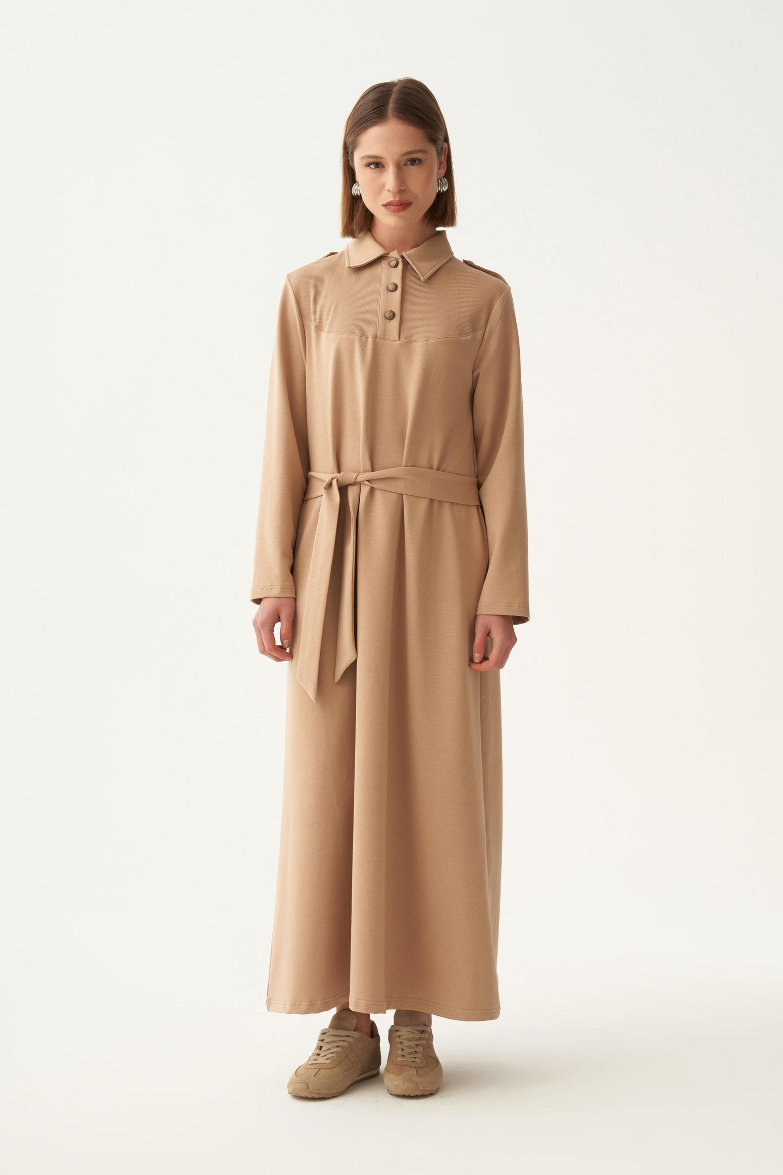 Vizon-Pamuklu Gömlek Yaka Apoletli Elbise