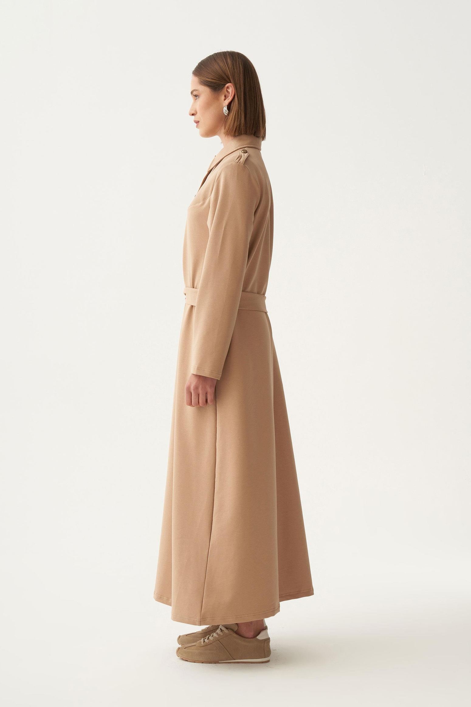 Vizon-Pamuklu Gömlek Yaka Apoletli Elbise