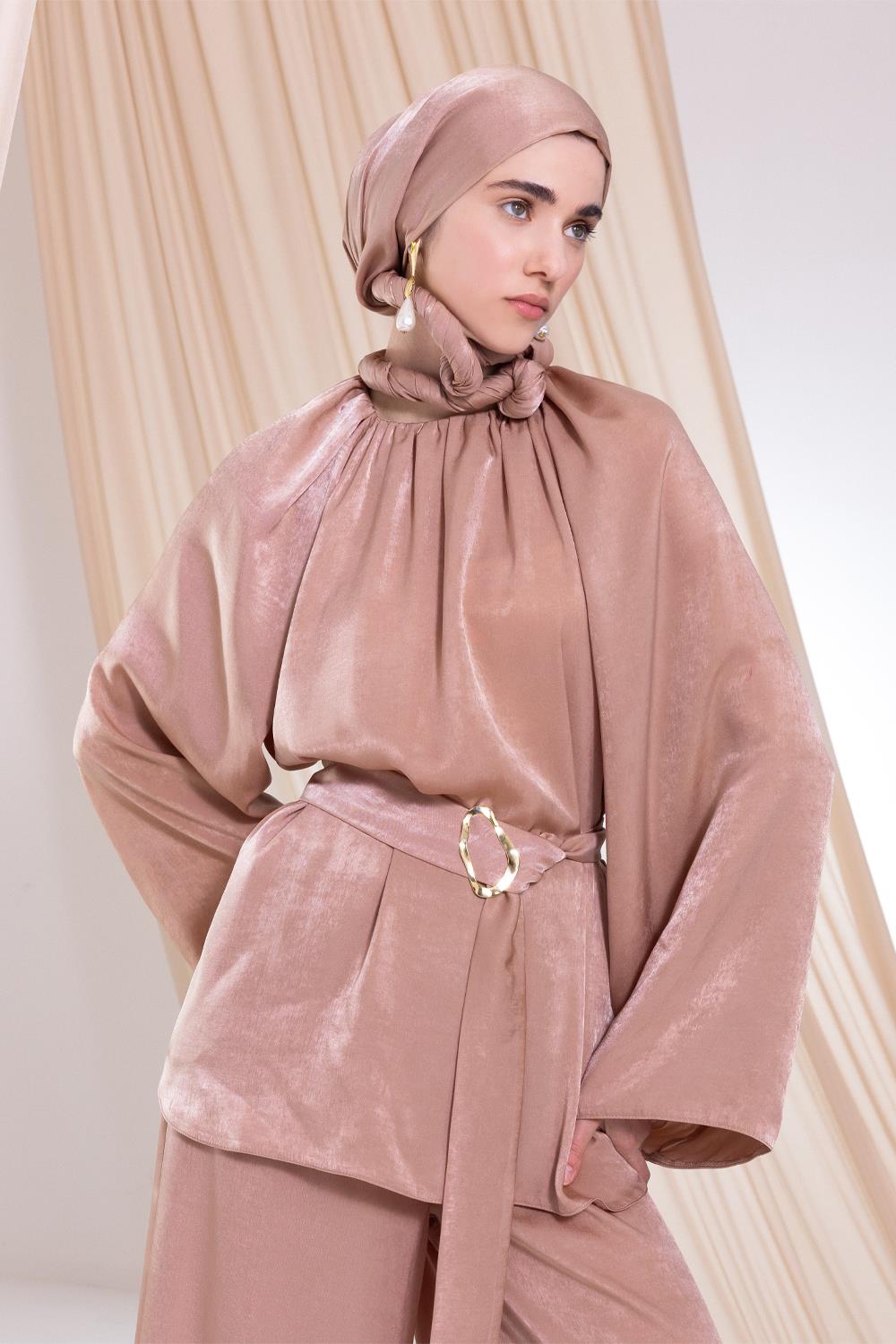 Beige-Batwing Sleeve Drawstring Neck Suit with Trousers
