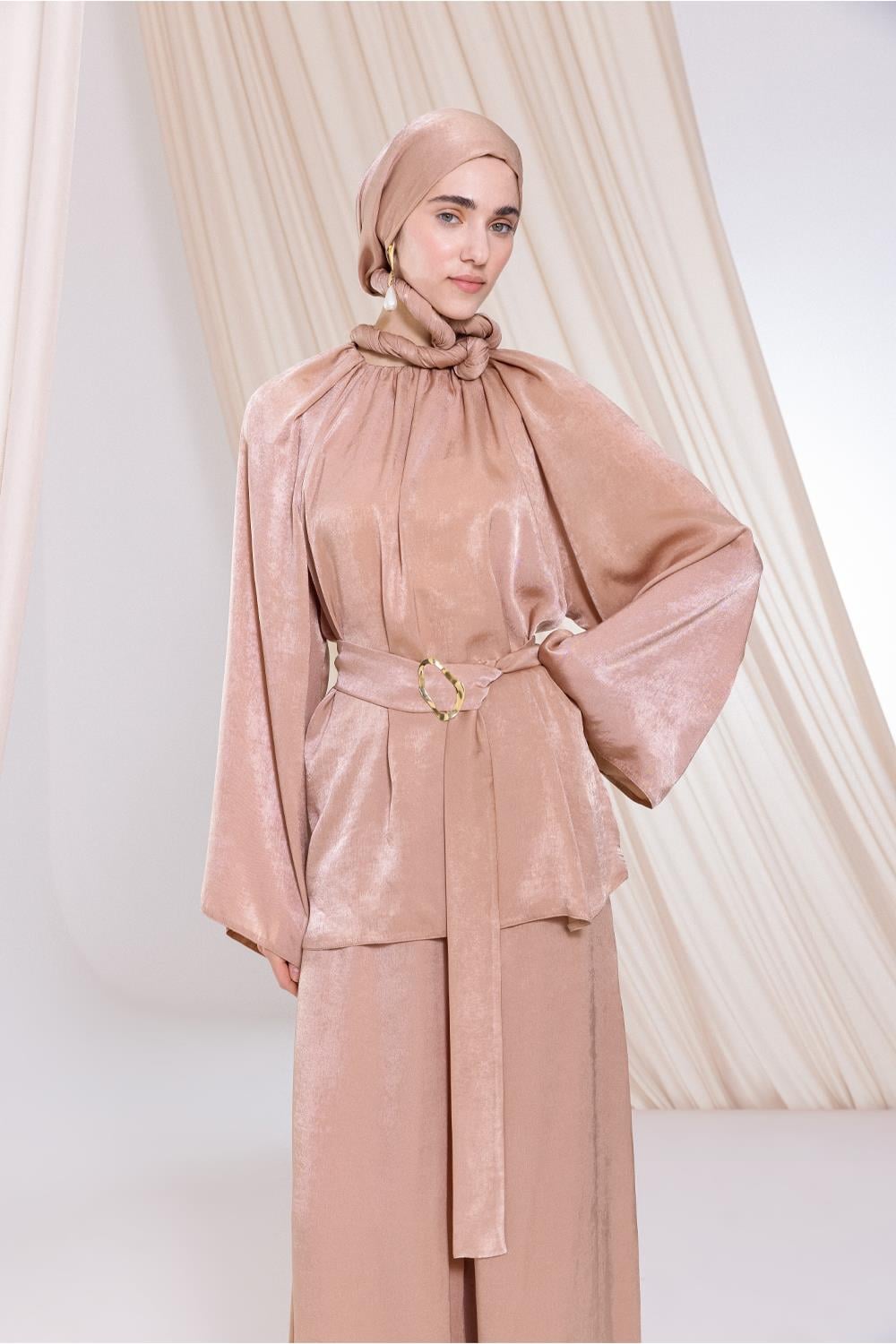 Beige-Batwing Sleeve Drawstring Neck Suit with Trousers