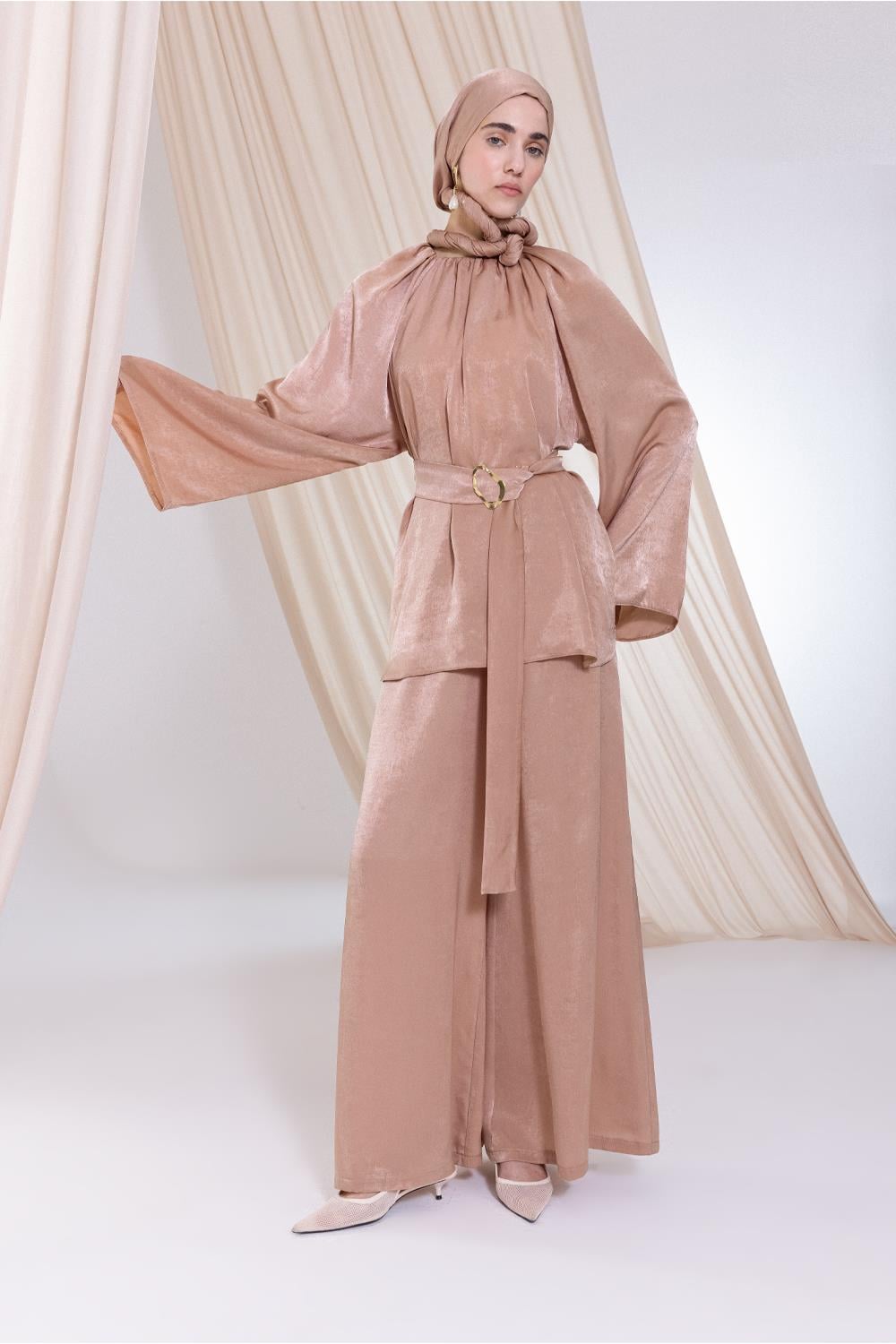 Beige-Batwing Sleeve Drawstring Neck Suit with Trousers