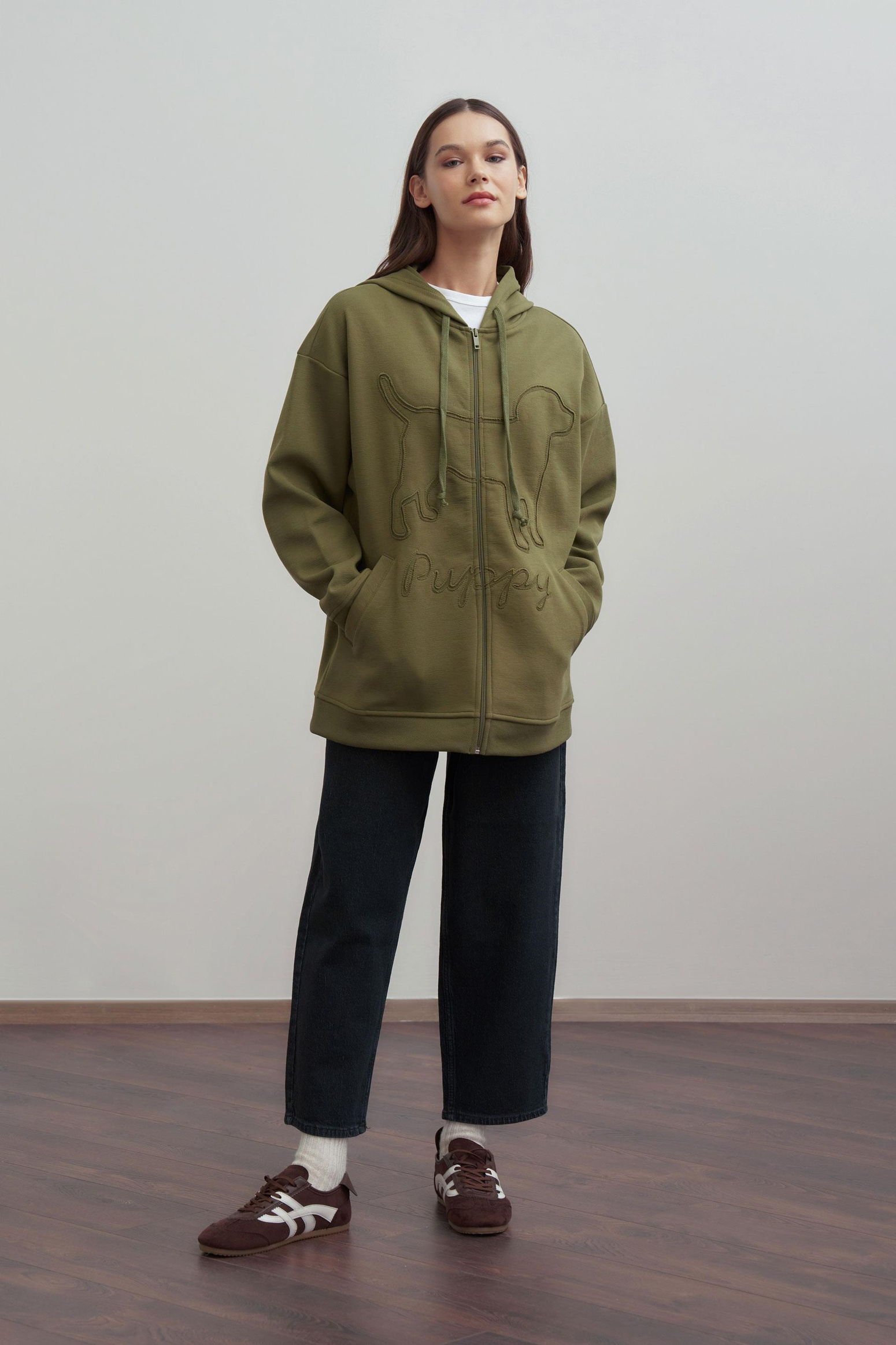 Yağ Yeşili-Kanguru Cep Detaylı Sweatshirt