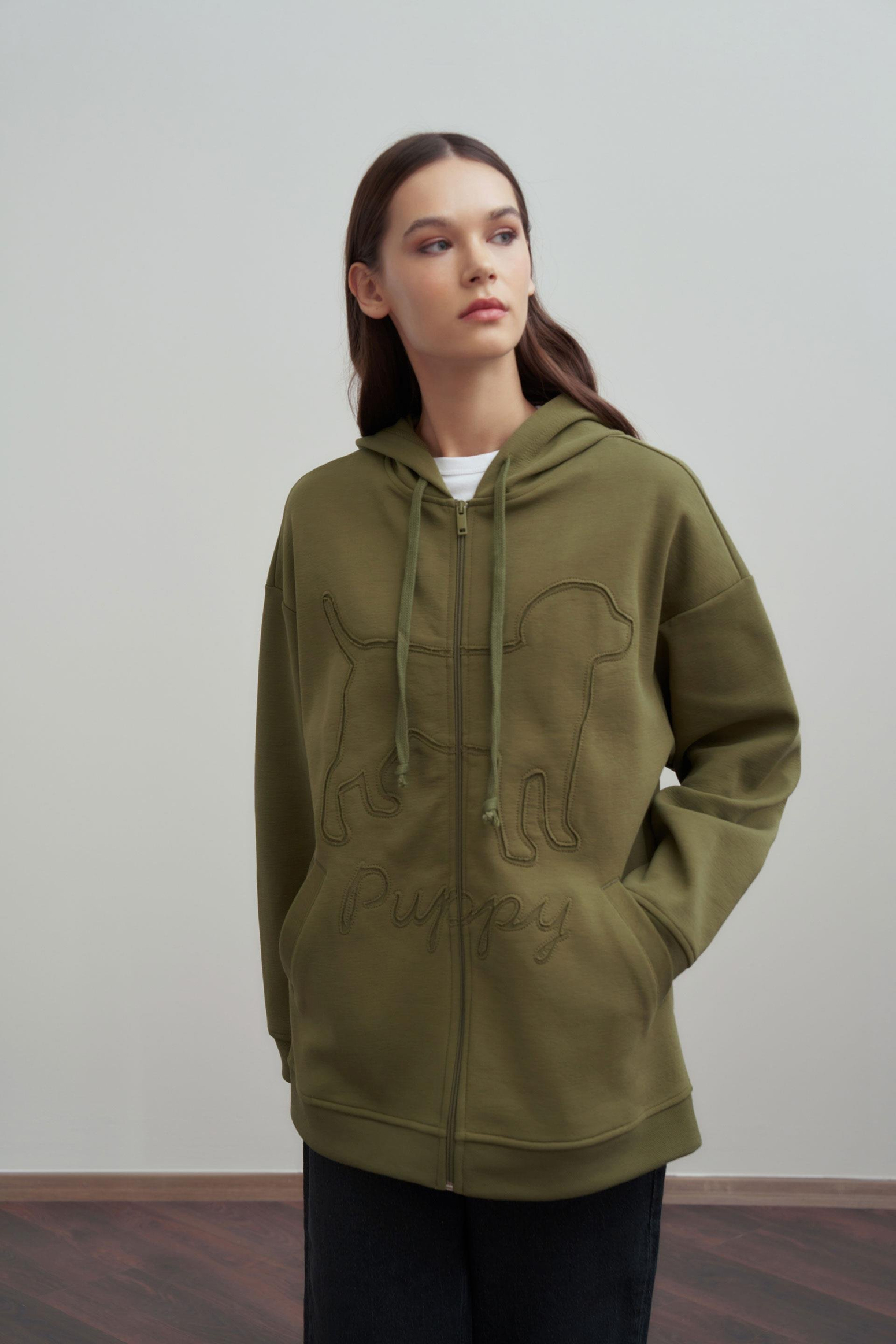 Yağ Yeşili-Kanguru Cep Detaylı Sweatshirt