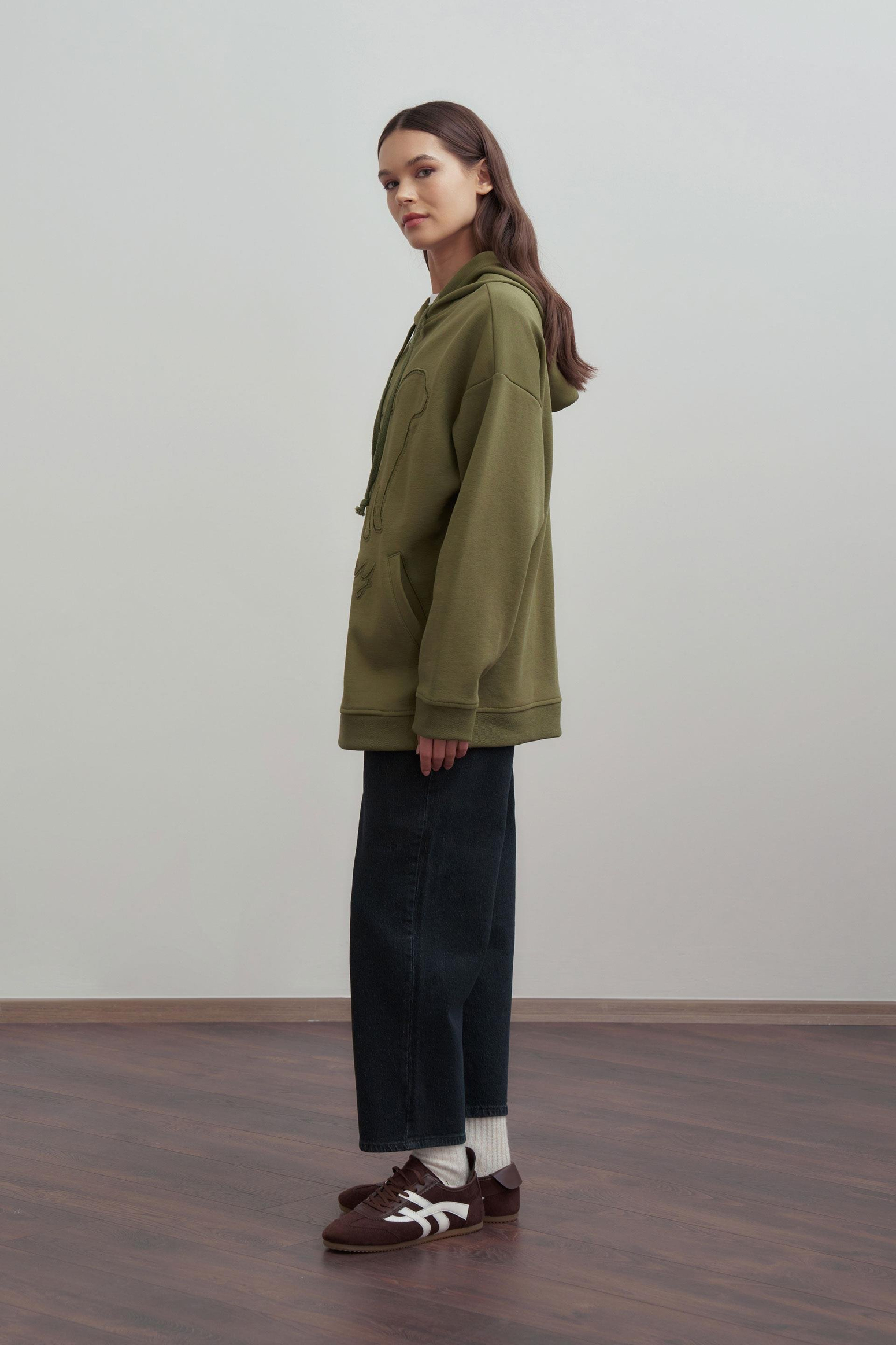 Yağ Yeşili-Kanguru Cep Detaylı Sweatshirt