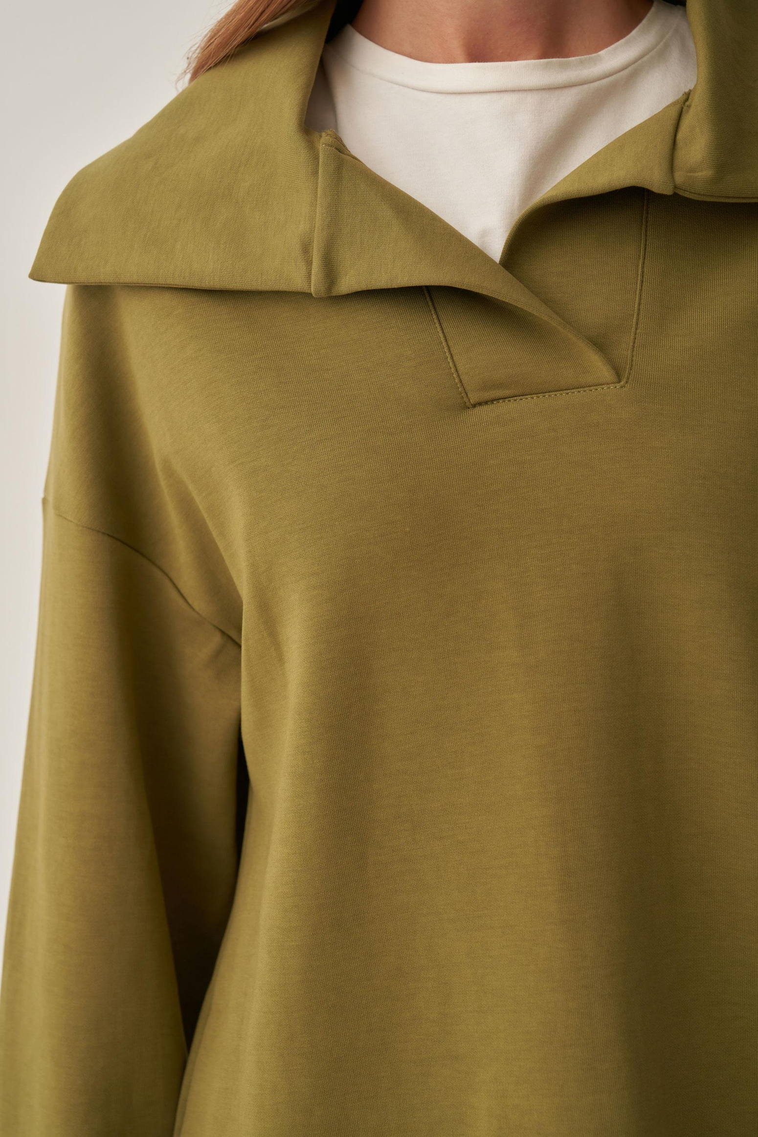 Yağ Yeşili-Polo Yaka İnterlok Sweatshirt