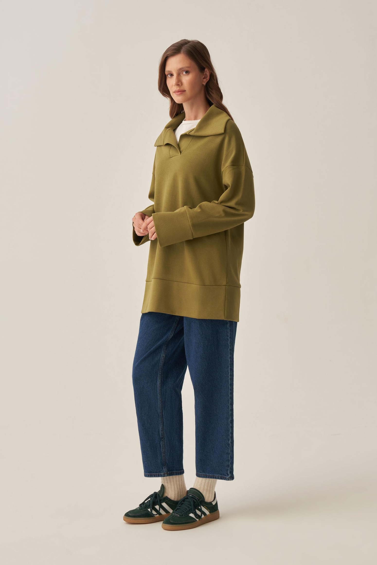 Yağ Yeşili-Polo Yaka İnterlok Sweatshirt