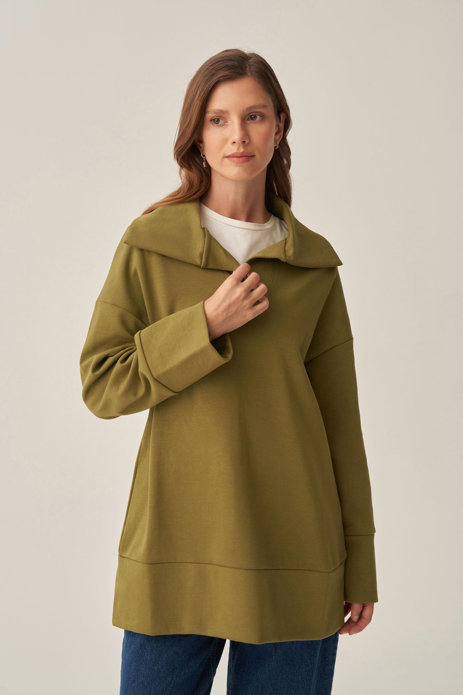 Yağ Yeşili-Polo Yaka İnterlok Sweatshirt
