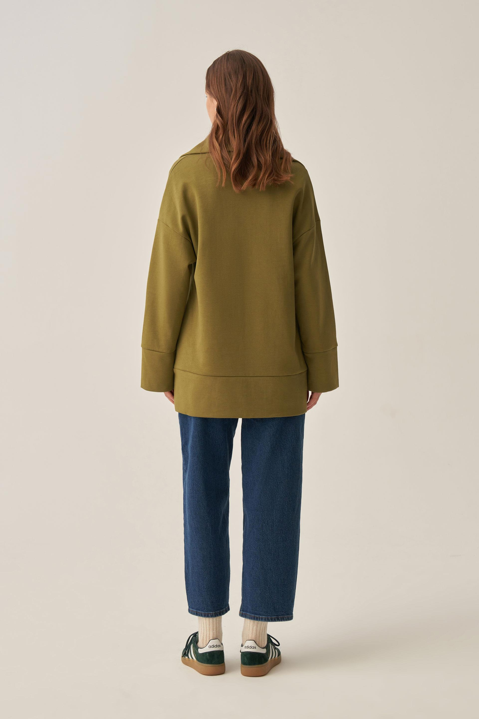 Yağ Yeşili-Polo Yaka İnterlok Sweatshirt