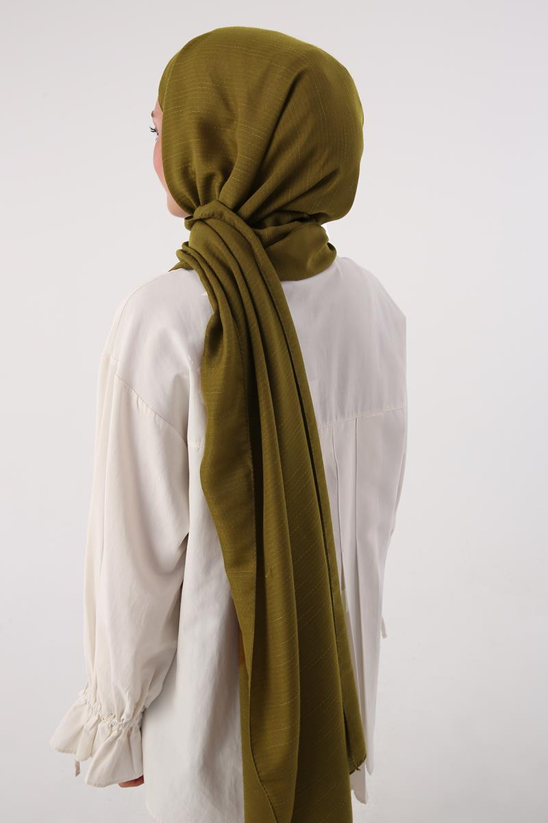 Yağ Yeşili-Şerit Detaylı Pamuklu Şal