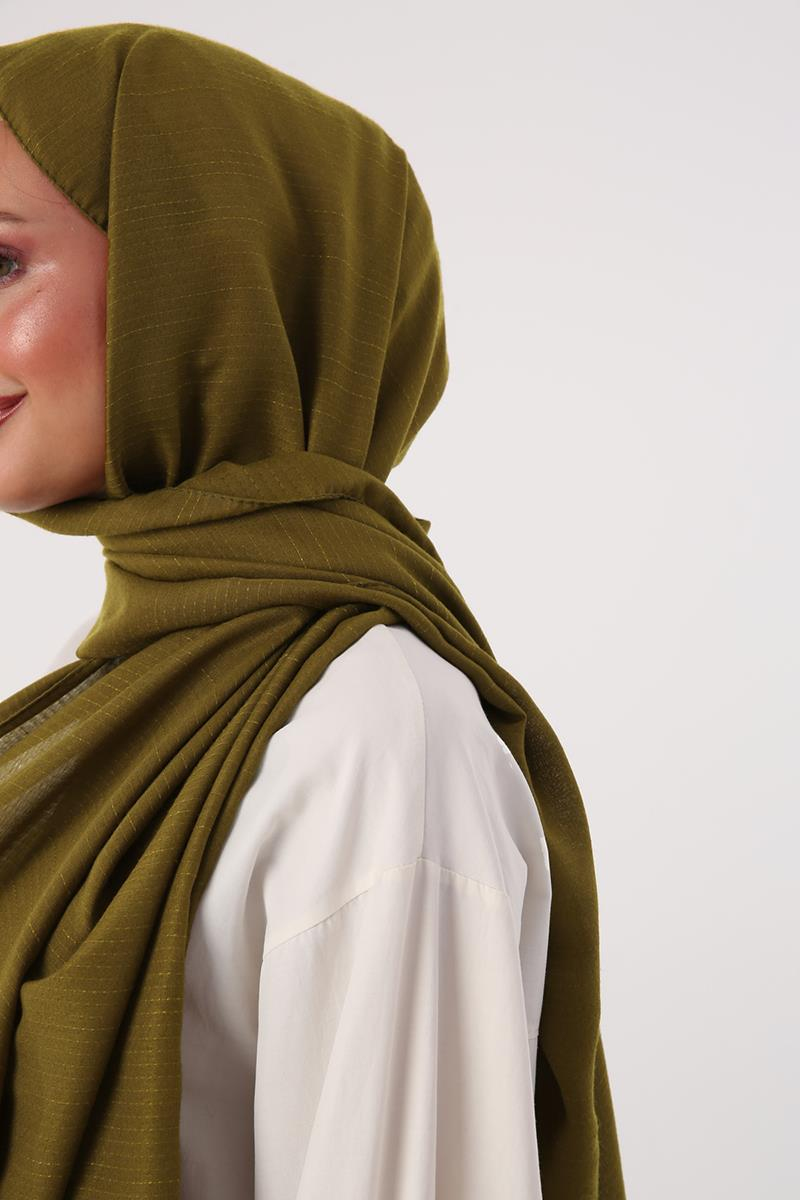 Yağ Yeşili-Şerit Detaylı Pamuklu Şal