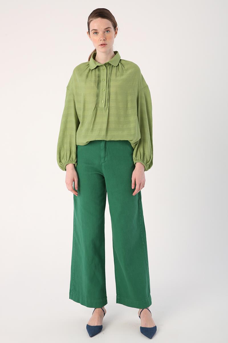 Green-100% Cotton Wide Leg Pocket Trousers