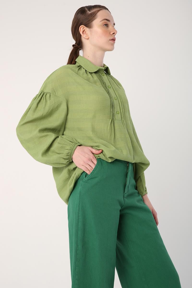 Green-100% Cotton Wide Leg Pocket Trousers