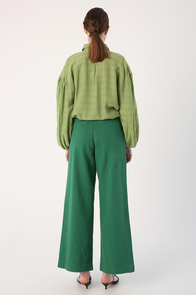 Green-100% Cotton Wide Leg Pocket Trousers